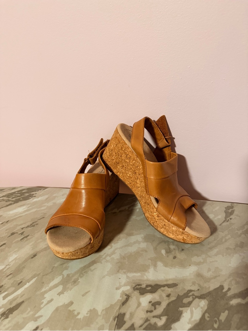 Clarks Cognac Cork Platform Wedge Sandals